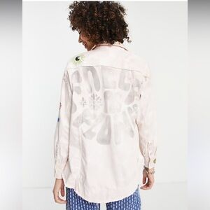 Free People Reef Break embroidered denim shirt jacket in pink